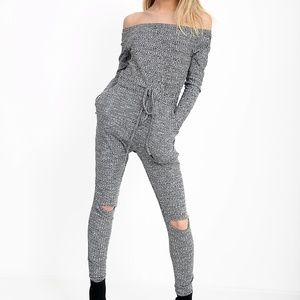 Slashed In My Knee Ribbed Bardot Lounge Jumpsuit